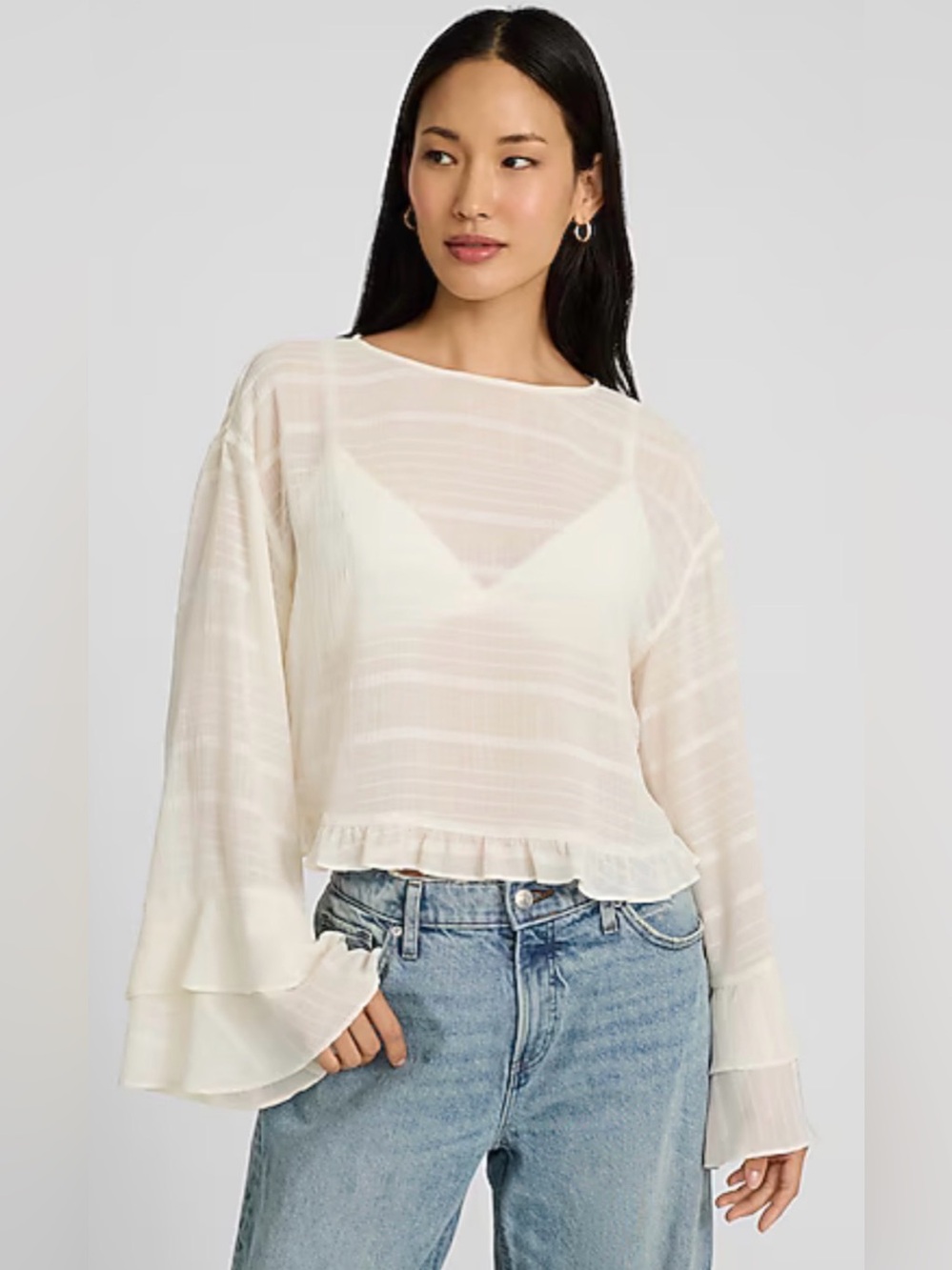 ISO Express Sheer Striped Ruffled Hem Long-Sleeve Bell Sleeve Top - Ivory